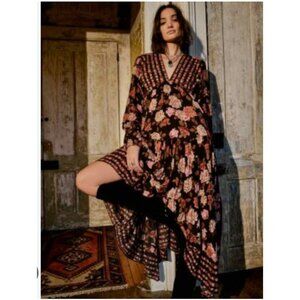 Free People Rows of Roses Dress Womens XS Floral Boho Midi Long Sleeve V Neck